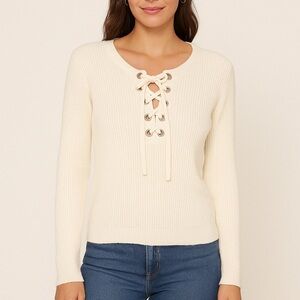 Cream Lace-Up Sweater